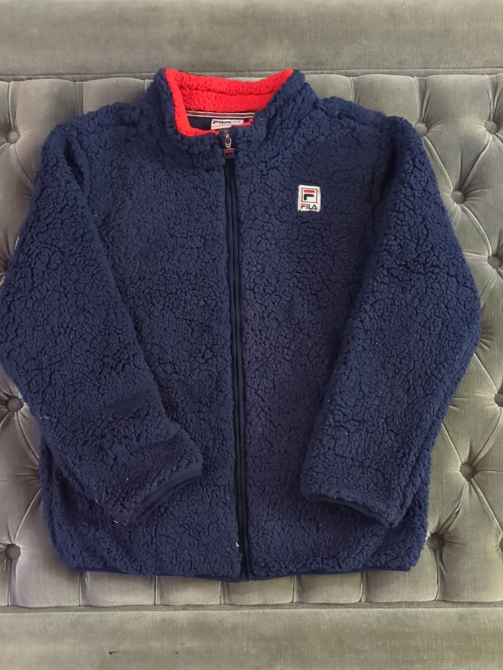 FILA Navy Sherpa Jacket with Back Logo And Red Collar Accent